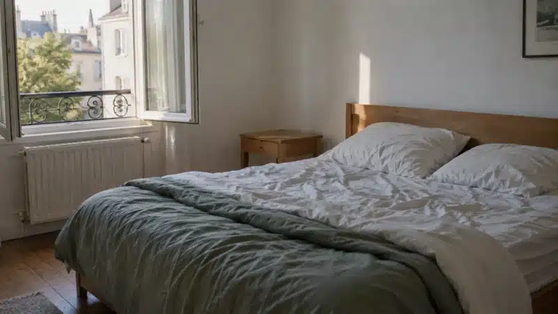 chambre saine avec literie claire et fenêtre ouverte