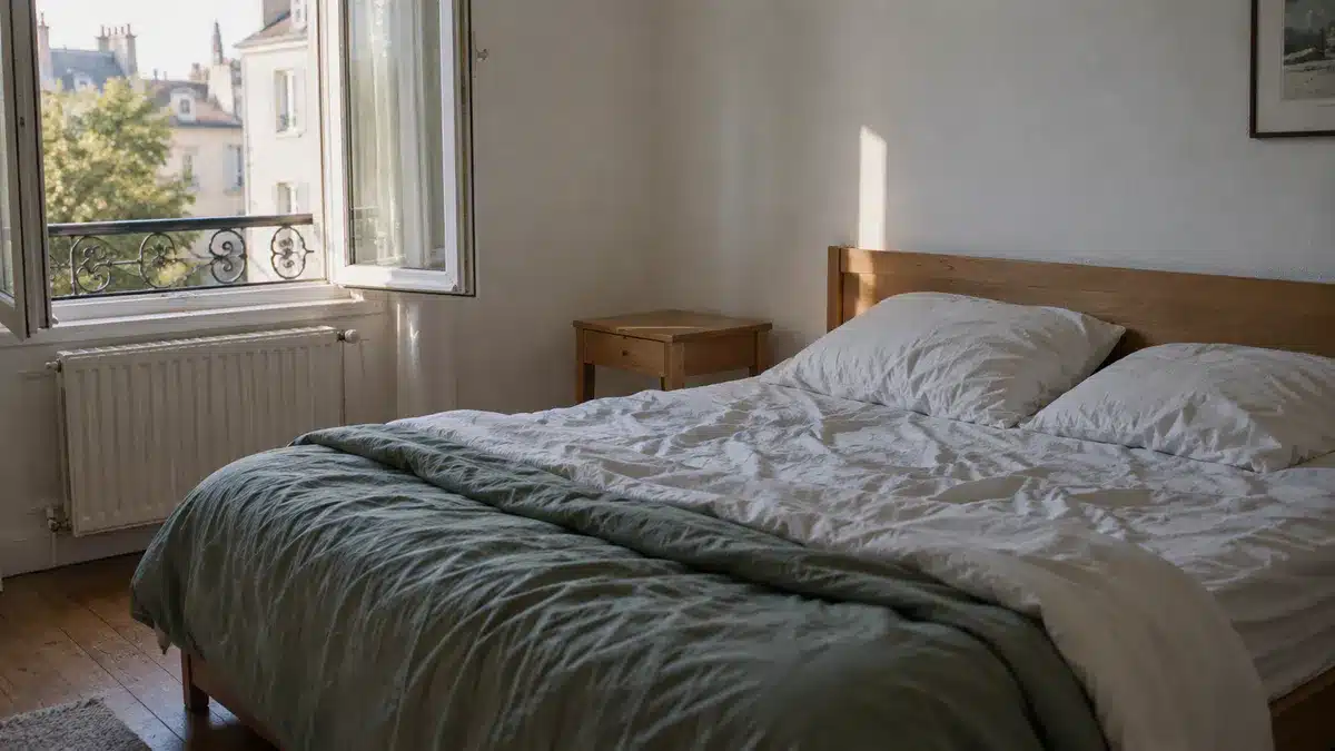 chambre saine avec literie claire et fenêtre ouverte