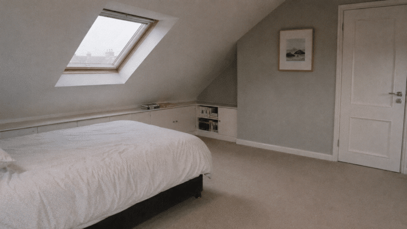 chambre sous pente avec rangements intégrés sous le rampant